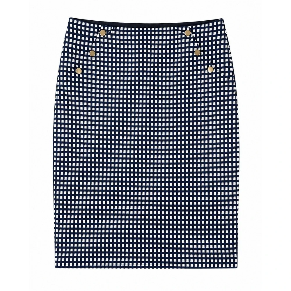 Espresso‎ Womens Skirt XL Blue White Check Pencil Stretch Chic Preppy